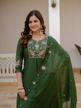 Green Viscose Mango Silk Embroidered Kurti Set