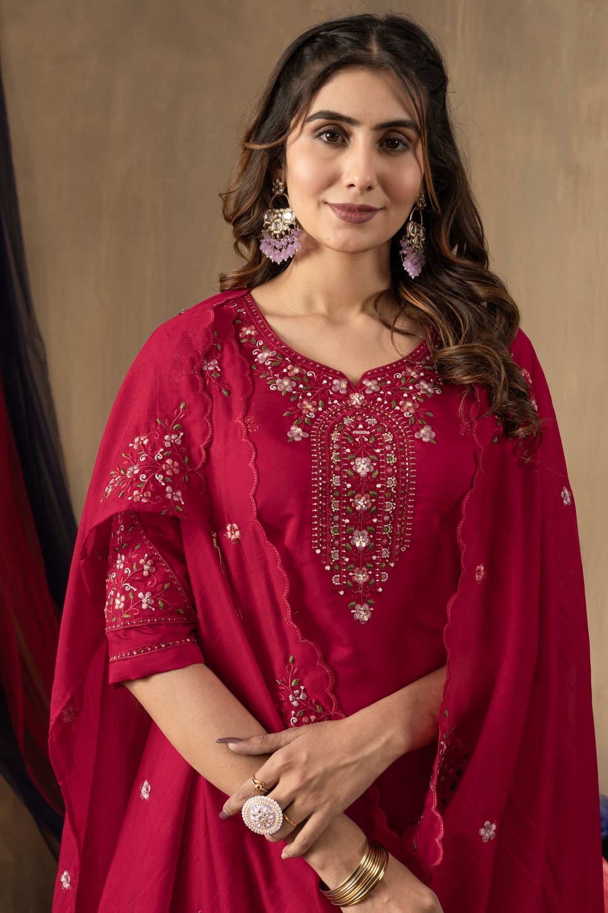 Rani Pink Roman Silk Multi Embroidered Suit Set