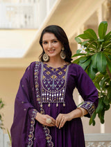 Purple Viscose Roman Silk Anarkali Kurti Pant Set