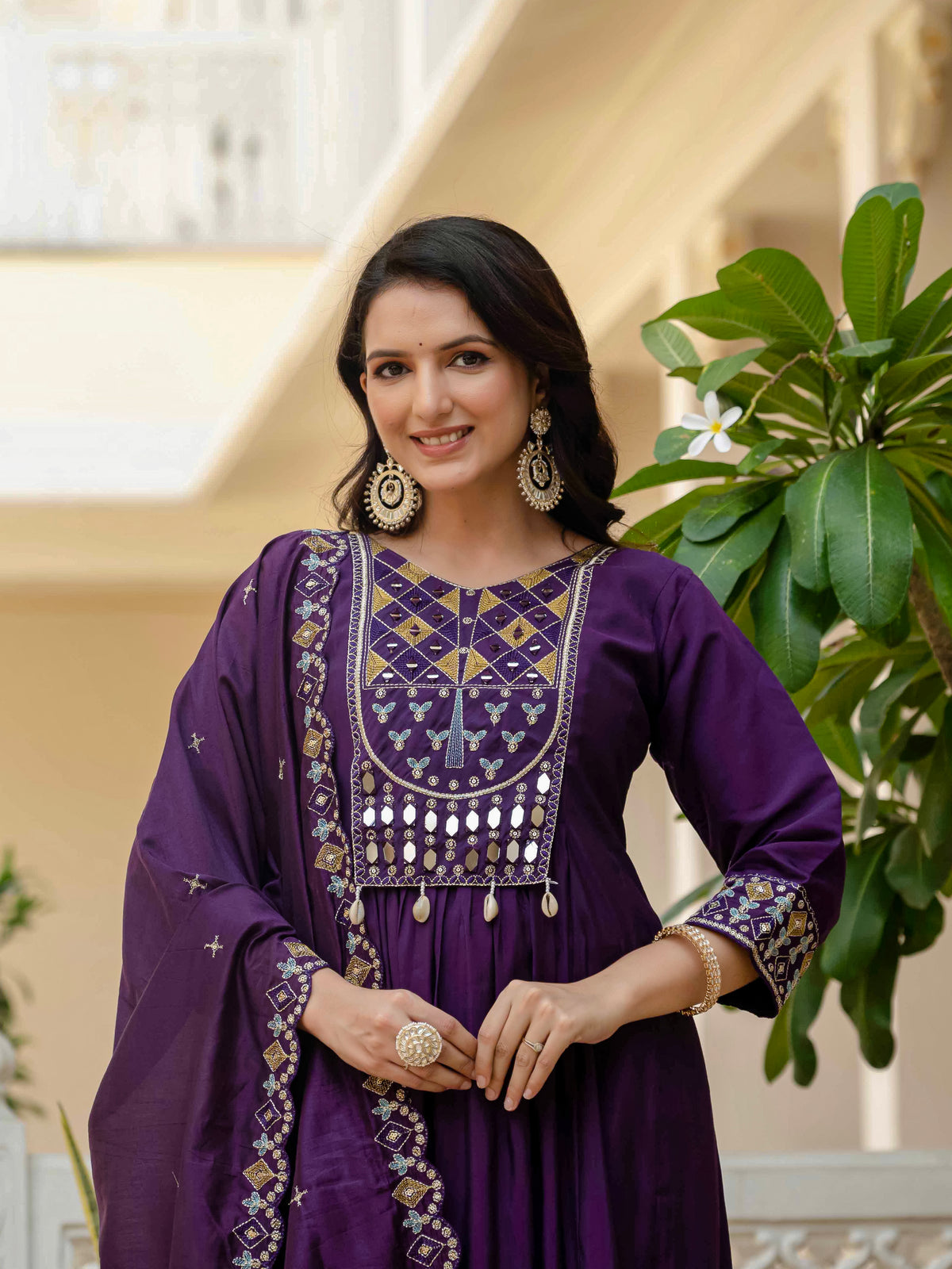 Purple Viscose Roman Silk Anarkali Kurti Pant Set