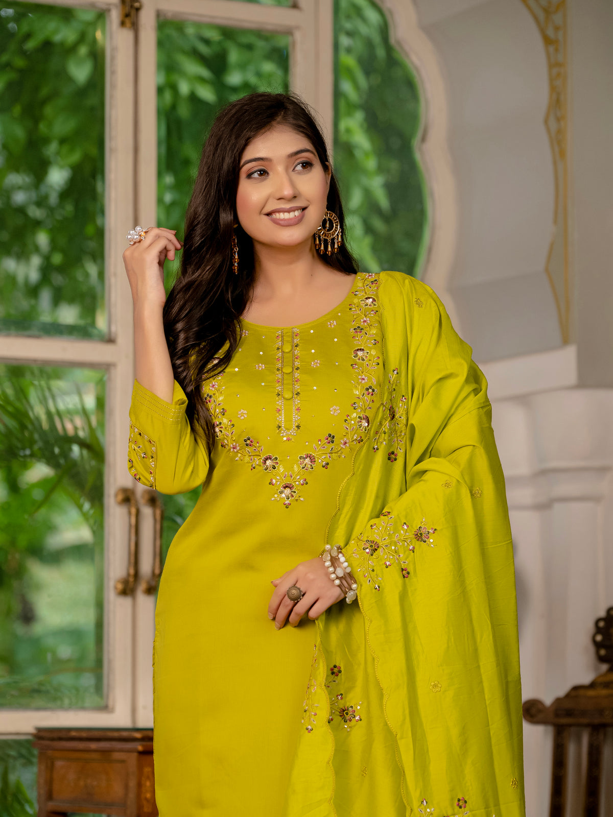 Mustard Yellow Marina Silk Multi Embroidered Suit Set