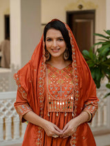 Orange Viscose Roman Silk Anarkali Kurti Pant Set