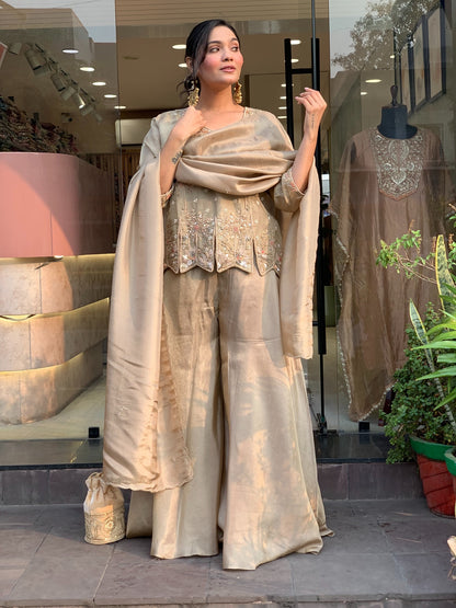 Champagne Embroidered Silk Palazzo Suit Set