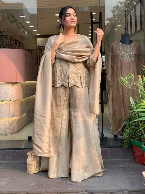 Champagne Embroidered Silk Palazzo Suit Set
