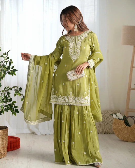 Olive Green Embroidered French Crepe Kurta Sharara Set