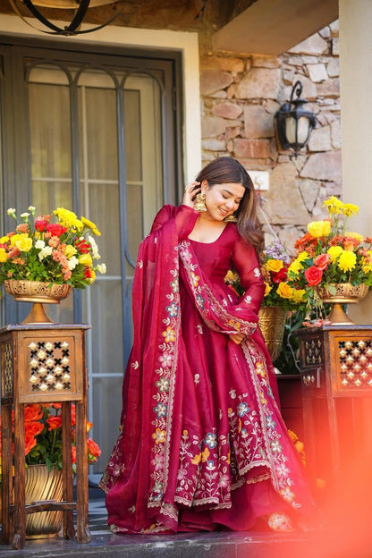 Wine Floral Embroidered Crunchy Silk Anarkali Suit Set