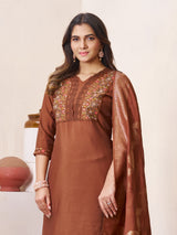 Coffee Brown Roman Silk Embroidered Kurti Pant Dupatta Set