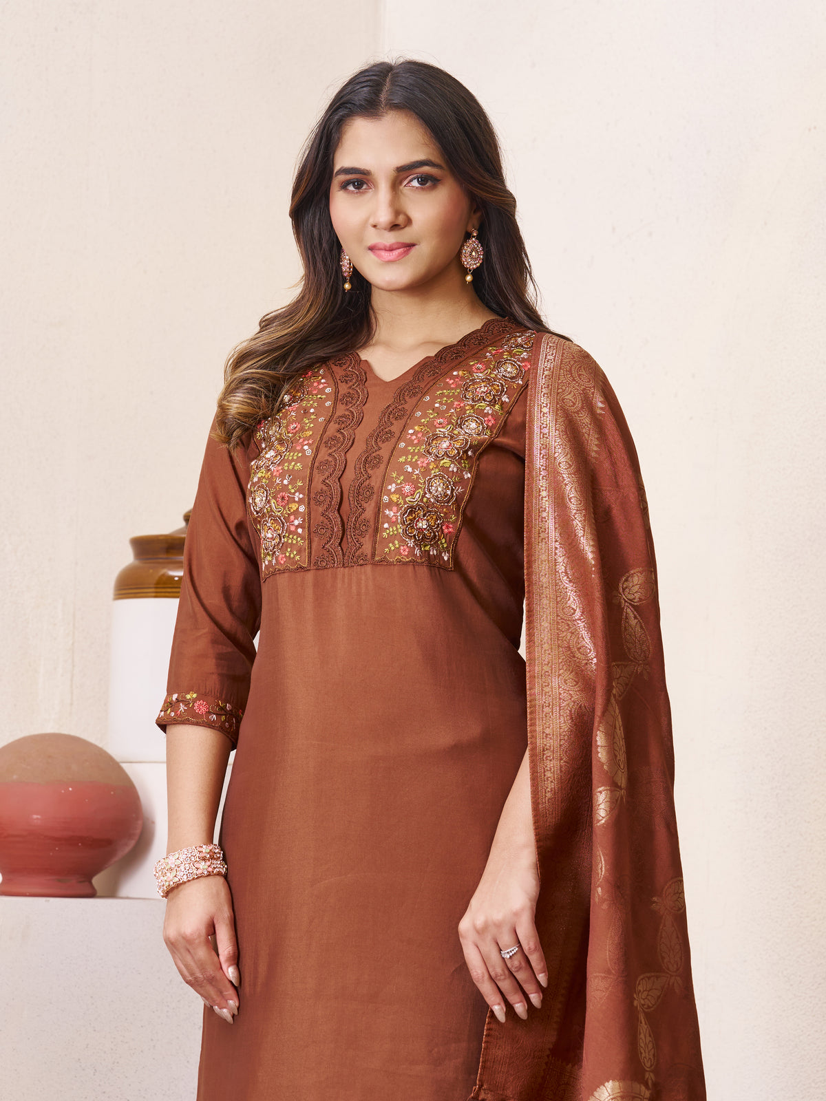 Coffee Brown Roman Silk Embroidered Kurti Pant Dupatta Set
