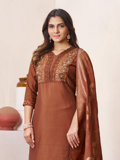 Coffee Brown Roman Silk Embroidered Kurti Pant Dupatta Set