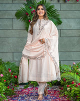 Blush Beige Embroidered Kurti Pant Dupatta Set Elegant Festive & Party Wear