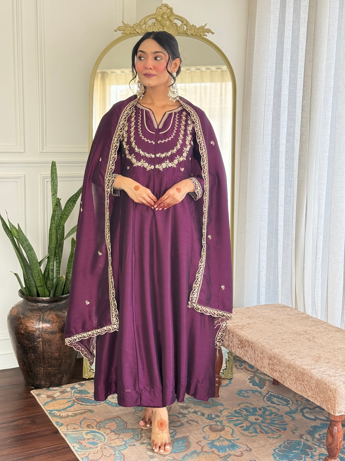 Wine Embroidered Anarkali Suit Set