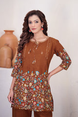 Elegant Rust Floral Printed Pure Cotton Co-Ord Set