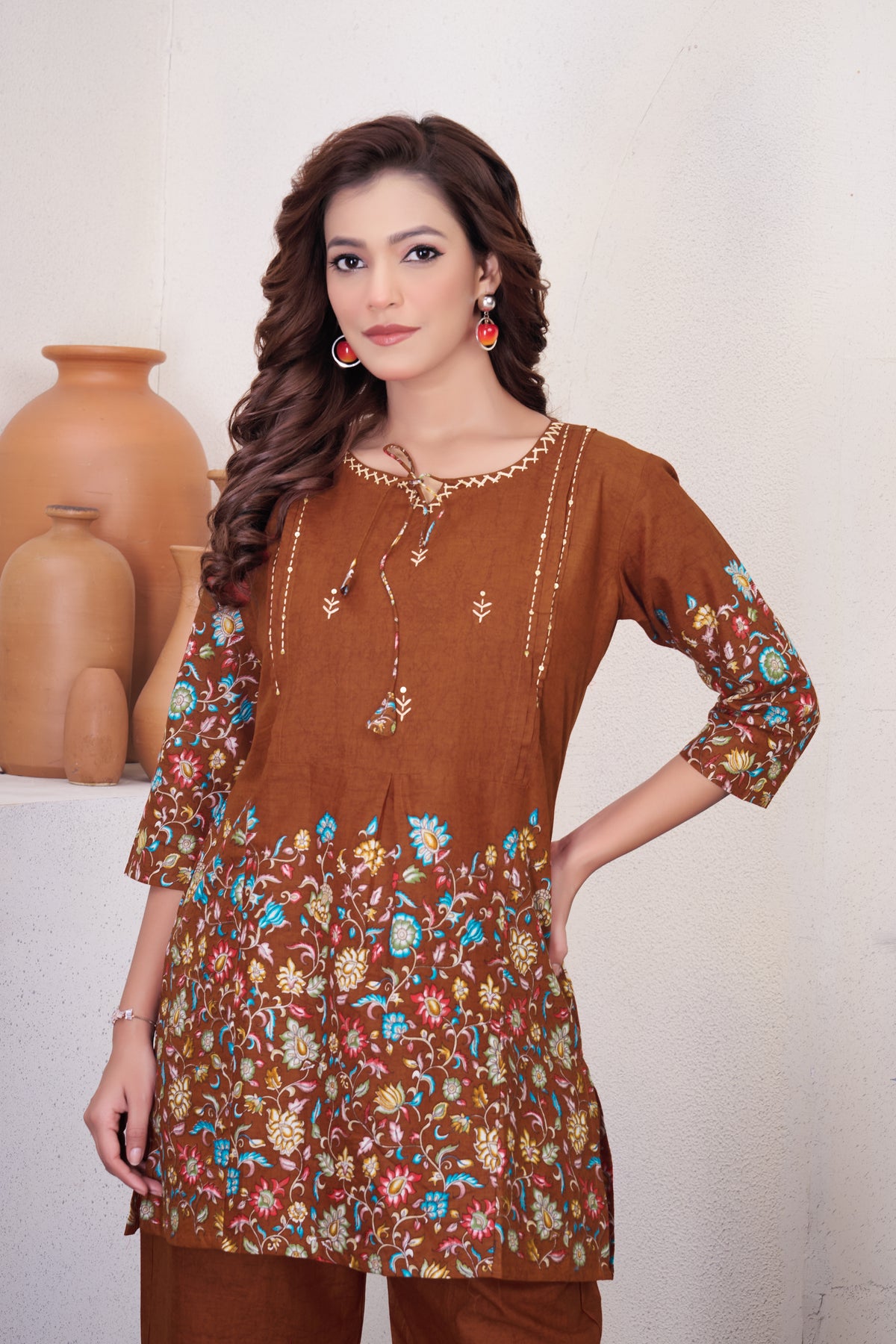 Elegant Rust Floral Printed Pure Cotton Co-Ord Set