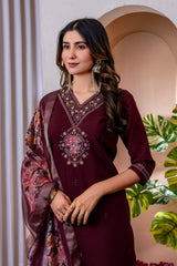 Wine Marina Viscose Silk Multi Embroidered Suit Set