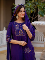 Violet Viscose Mango Silk Embroidered Kurti Set