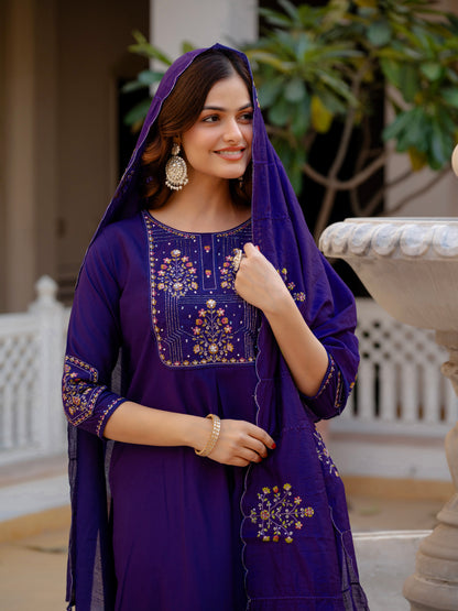 Violet Viscose Mango Silk Embroidered Kurti Set