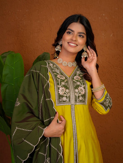 Yellow Roman Silk Anarkali Kurti Set
