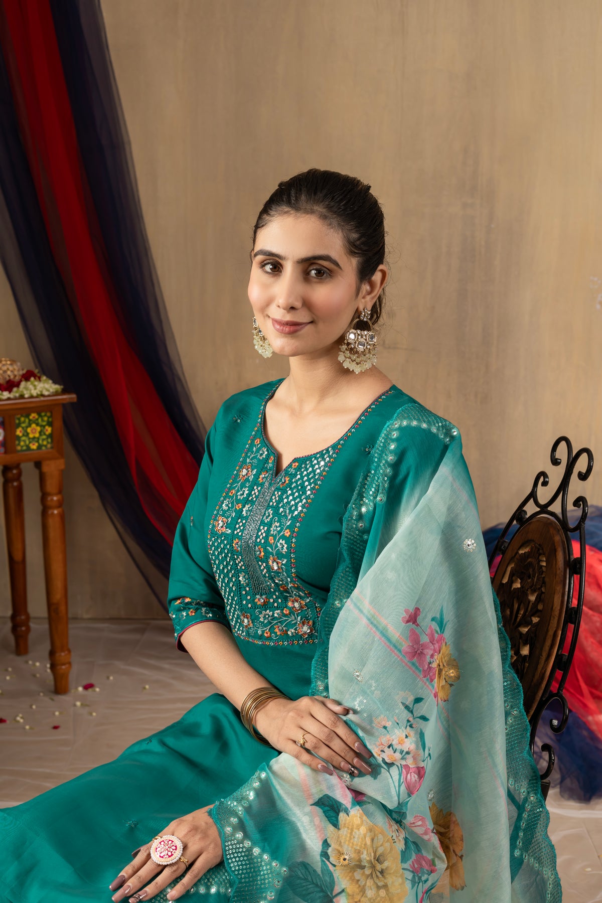 Rama Green Roman Silk Multi Embroidered Suit Set