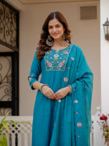 Firozi Viscose Mango Silk Embroidered Kurti Set