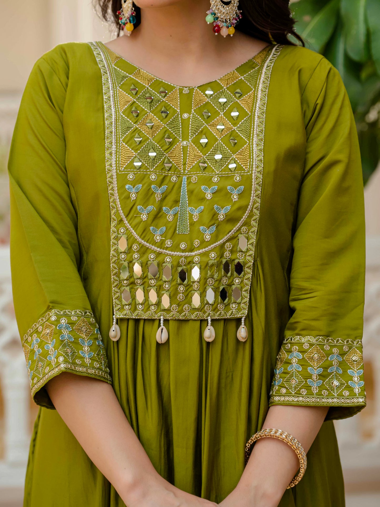 Mehndi Viscose Roman Silk Anarkali Kurti Pant Set