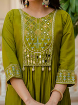Mehndi Viscose Roman Silk Anarkali Kurti Pant Set