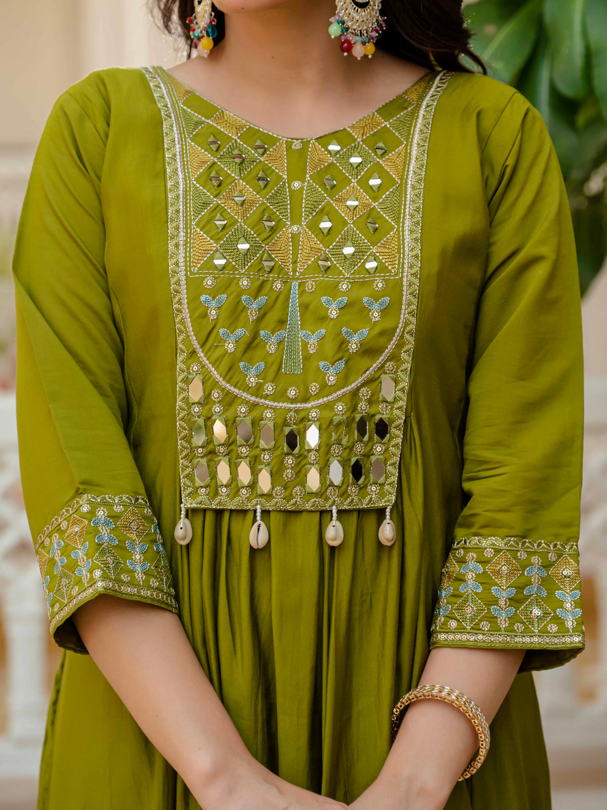Mehndi Viscose Roman Silk Anarkali Kurti Pant Set