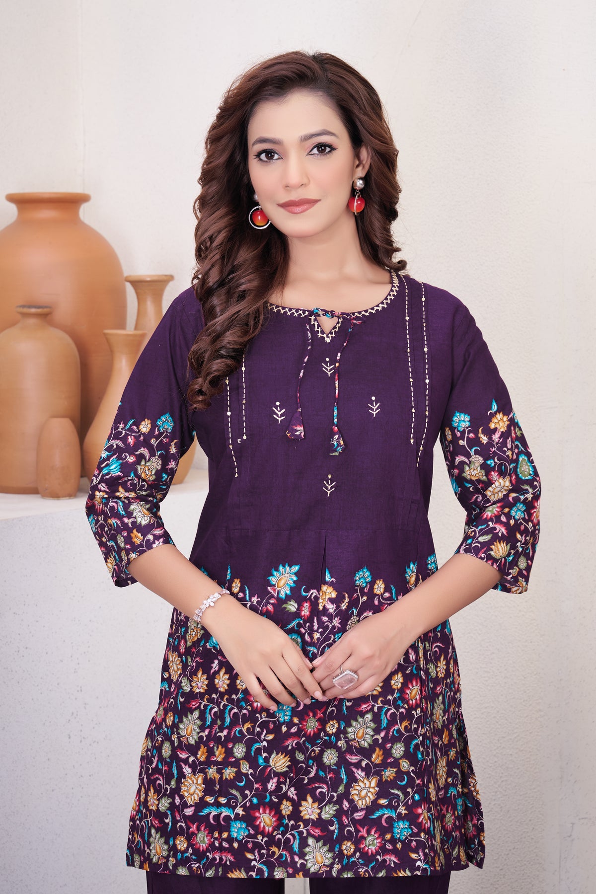 Elegant Wine Floral Printed Pure Cotton Co-Ord Set