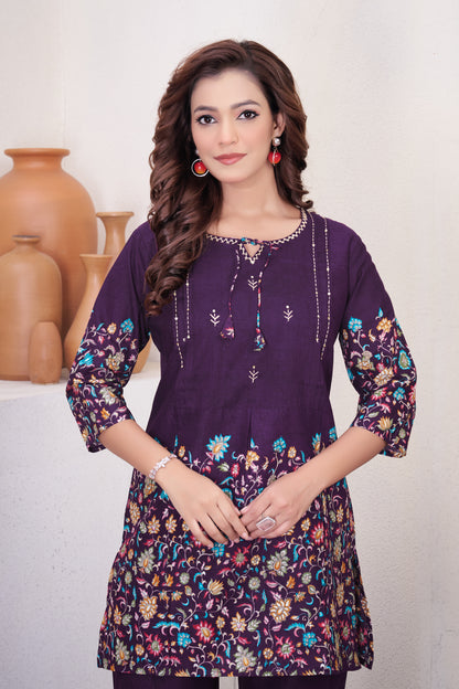 Elegant Wine Floral Printed Pure Cotton Co-Ord Set