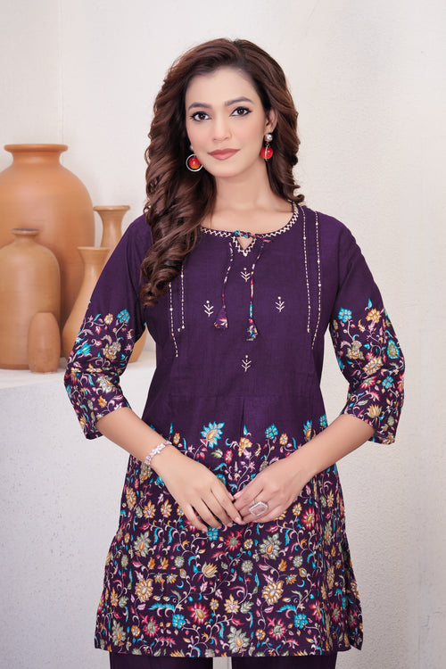 Elegant Wine Floral Printed Pure Cotton Co-Ord Set