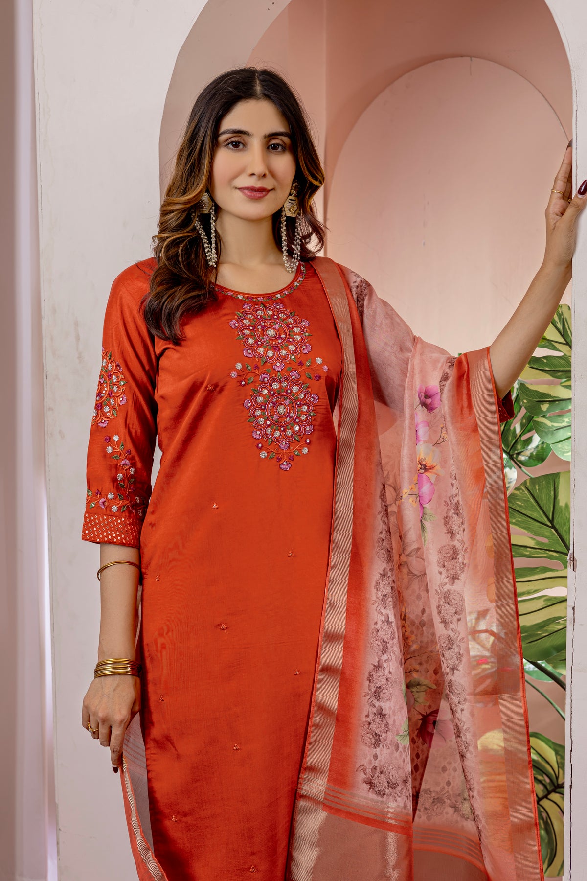 Elegant Orange Viscose Silk Embroidered Kurta Set