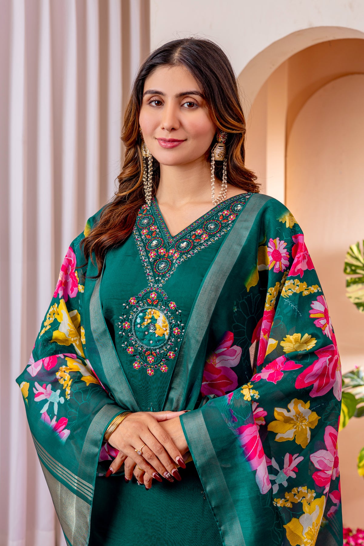 Green Marina Viscose Silk Multi Embroidered Suit Set