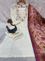 Elegant Off-White Premium Marina Silk Embroidered Kurti Pant Dupatta Set