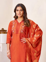 Rust Orange Roman Silk Embroidered Kurti Pant Dupatta Set