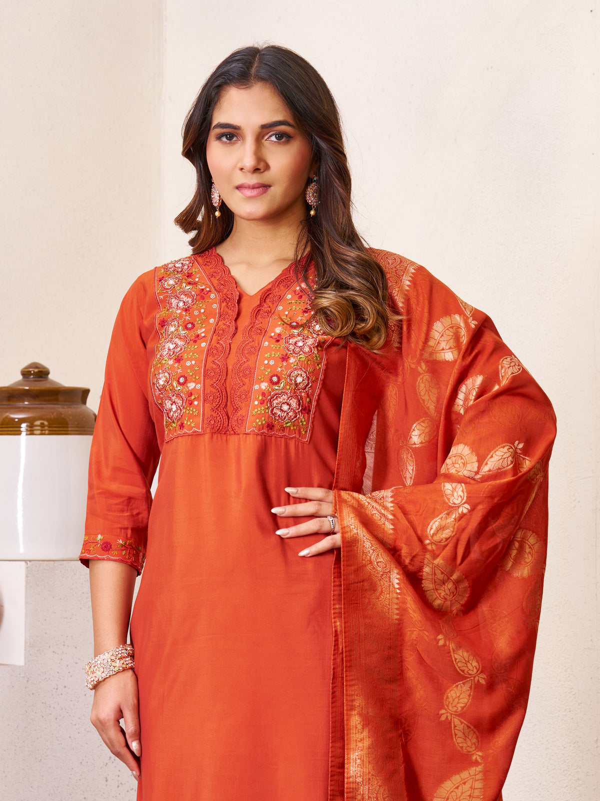 Rust Orange Roman Silk Embroidered Kurti Pant Dupatta Set