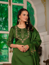 Mehndi Green Marina Silk Multi Embroidered Suit Set