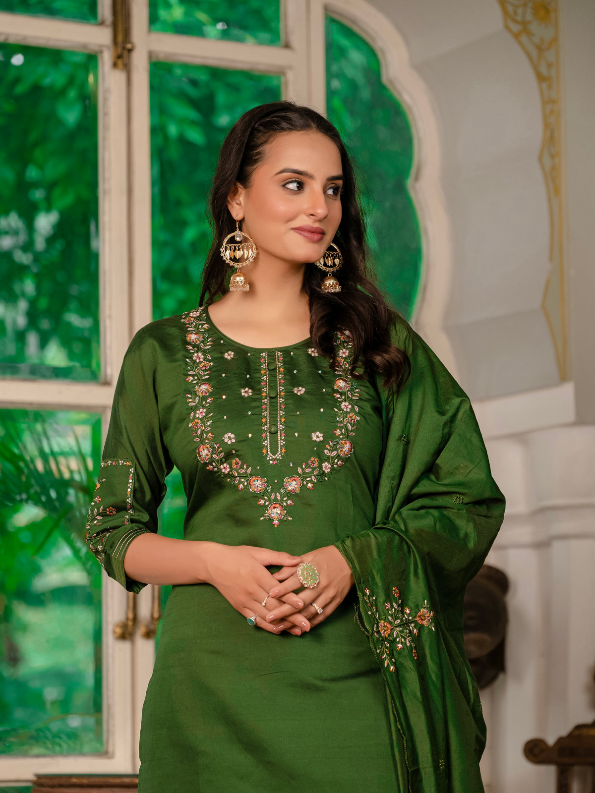 Mehndi Green Marina Silk Multi Embroidered Suit Set