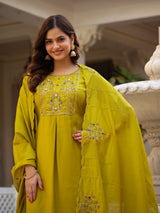 Yellow Viscose Mango Silk Embroidered Kurti Set