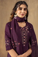 Wine Roman Silk Multi Embroidered Suit Set