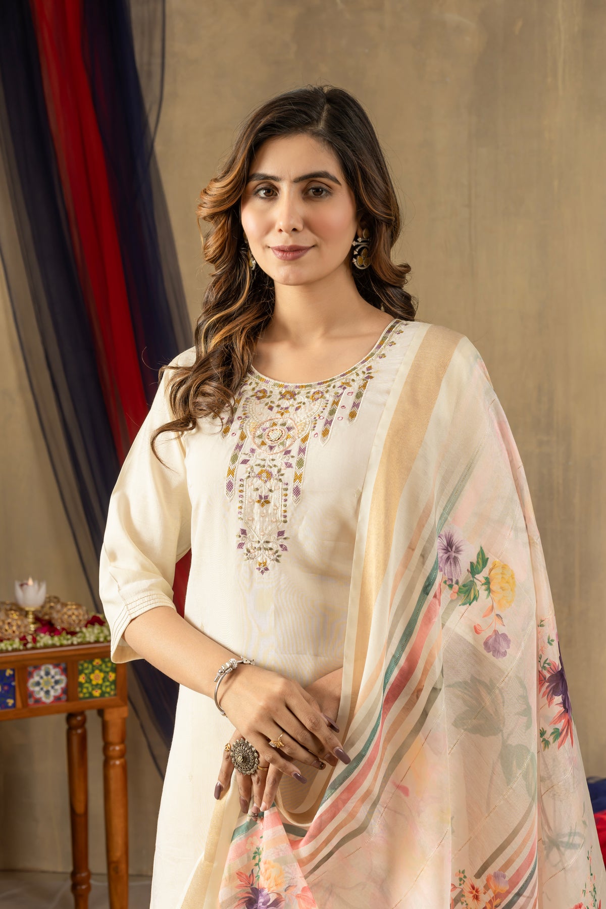 Off White Shimmer Gold Silk Multi Embroidered Suit Set