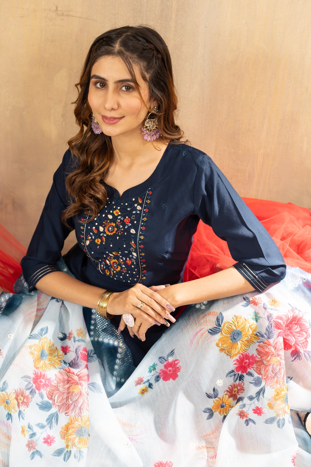 Navy Blue Viscose Silk Multi Embroidered Suit Set