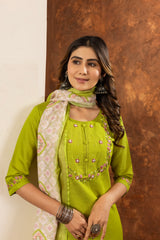 Parrot Green Marina Silk Multi Embroidered Suit Set
