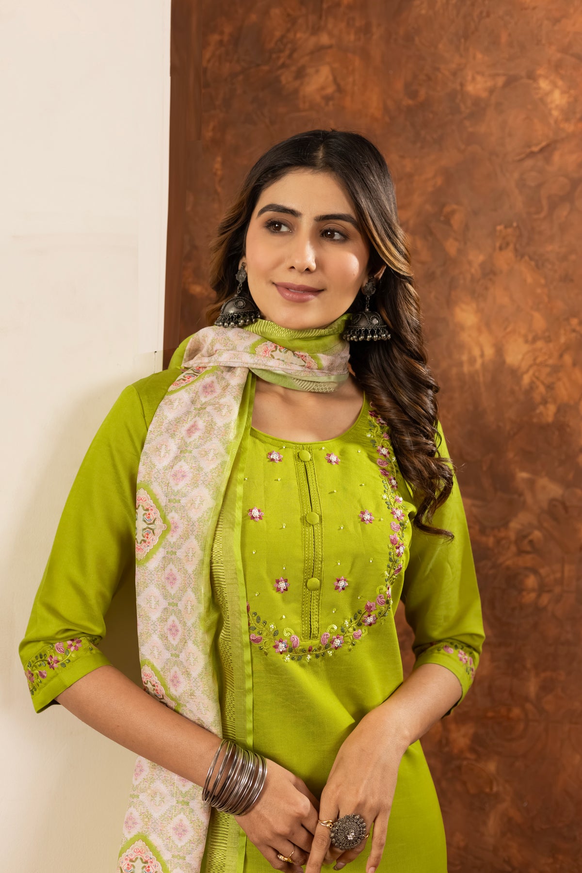 Parrot Green Marina Silk Multi Embroidered Suit Set