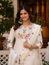 White Viscose Mango Silk Embroidered Kurti Set