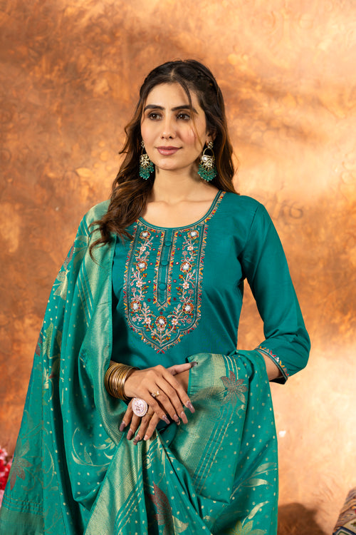 Rama Green Marina Silk Multi Embroidered Suit Set
