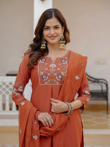 Rust Orange Viscose Mango Silk Embroidered Kurti Set
