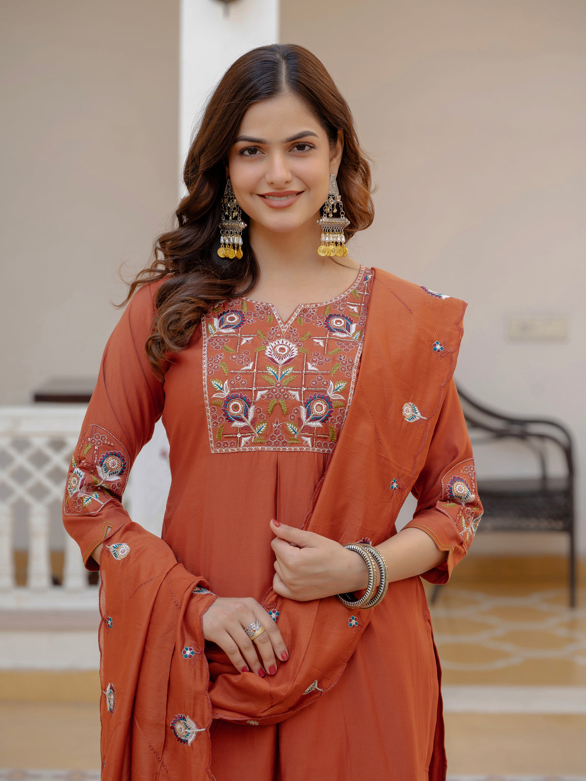 Rust Orange Viscose Mango Silk Embroidered Kurti Set