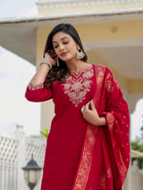 Luxury Maroon Premium Roman Silk Suit Set