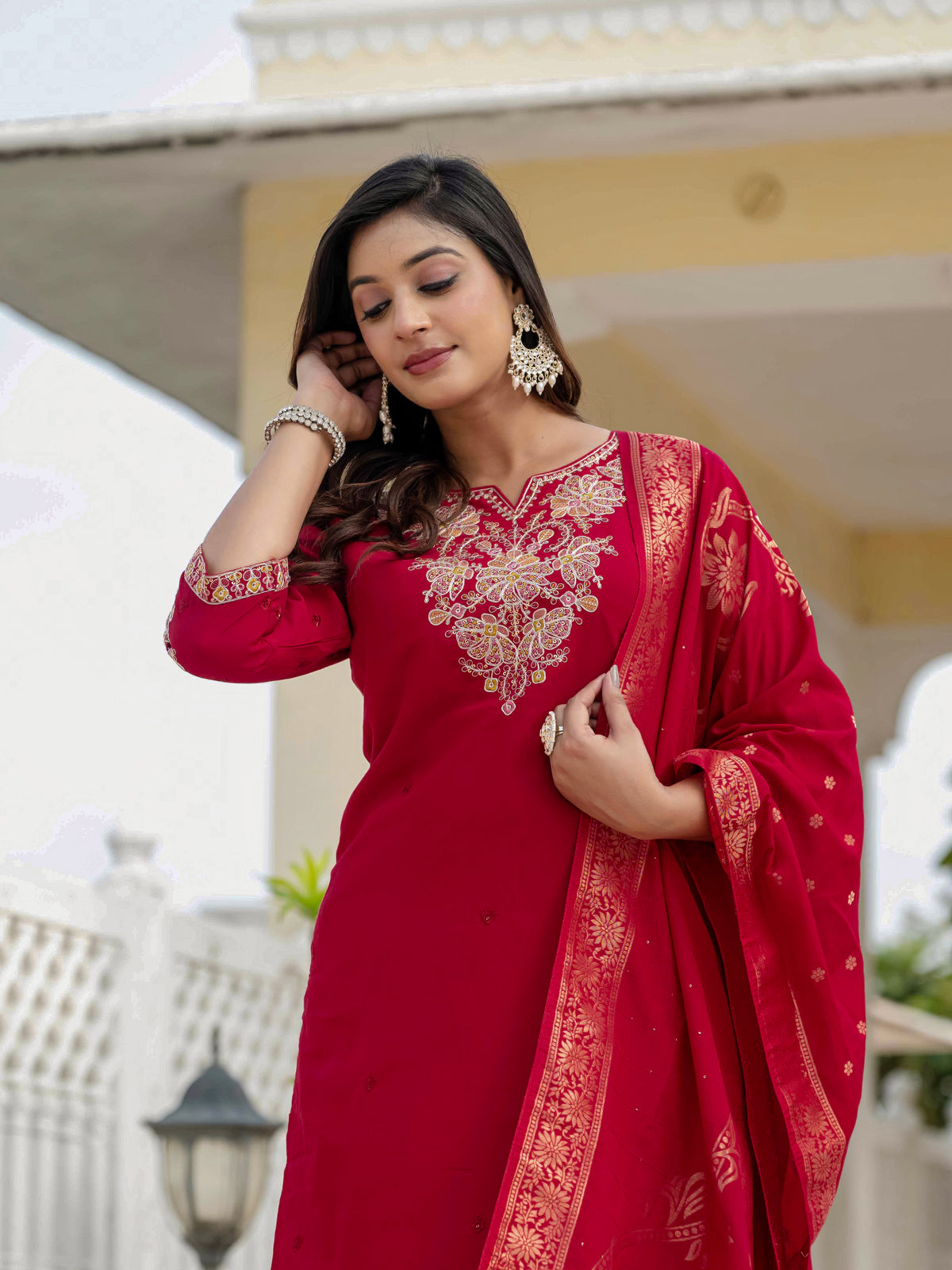 Luxury Maroon Premium Roman Silk Suit Set