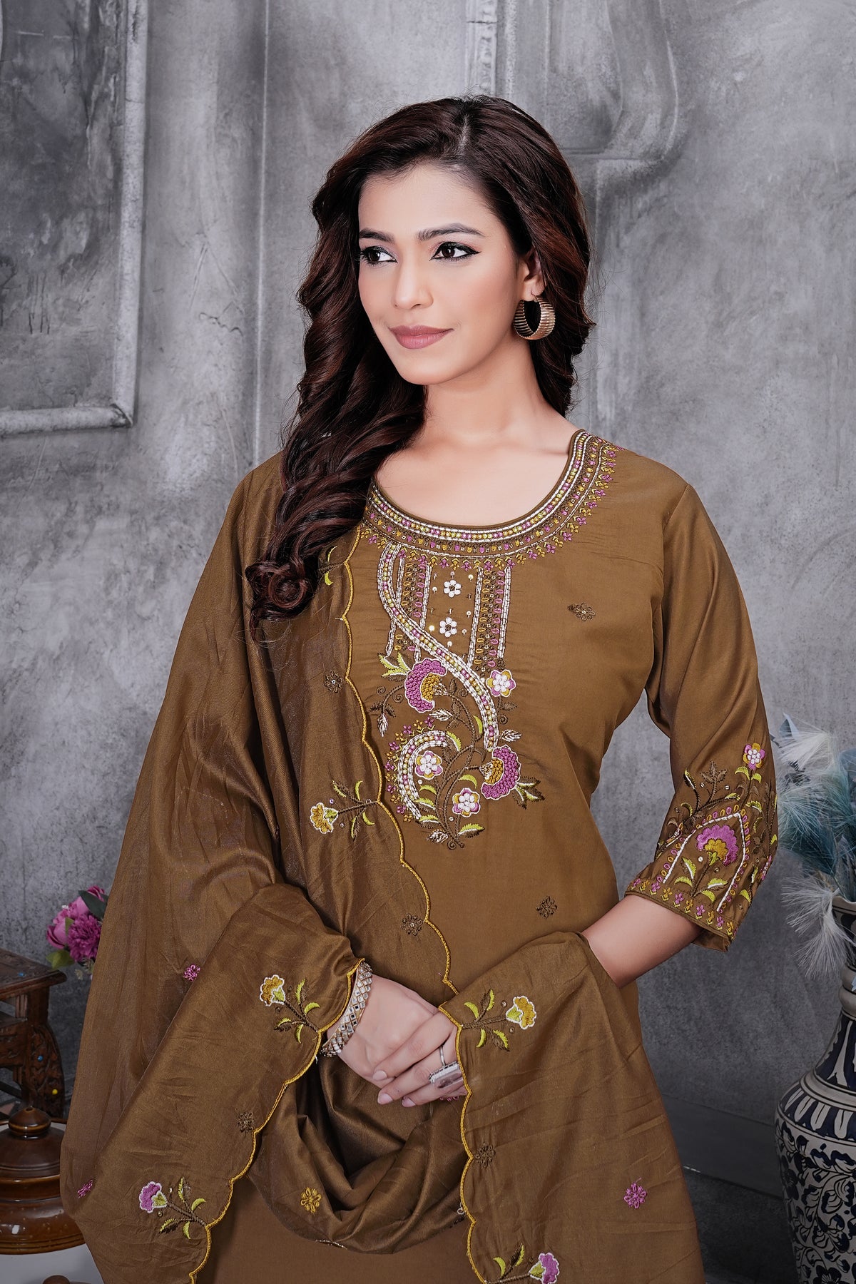 Mustard Roman Silk Kurti Pant Set