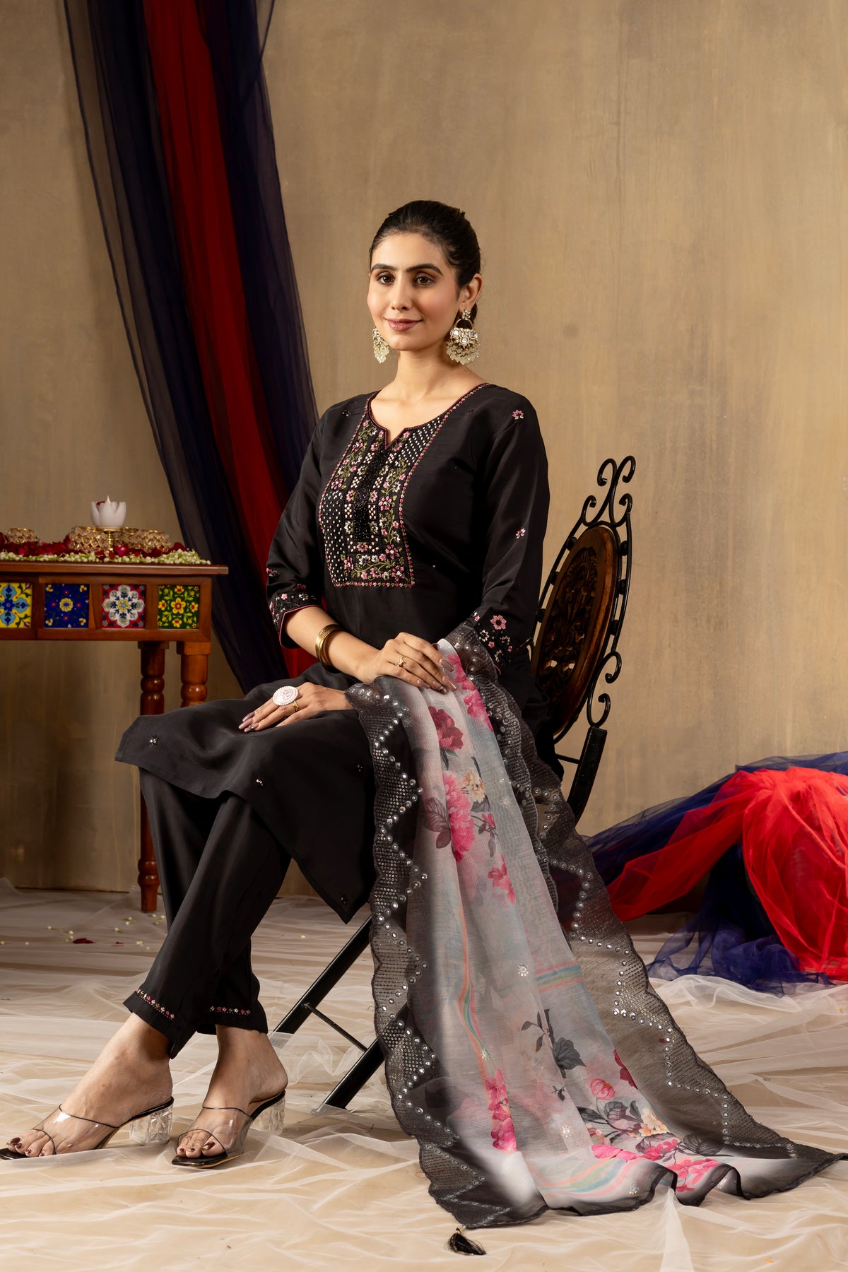Black Roman Silk Multi Embroidered Suit Set